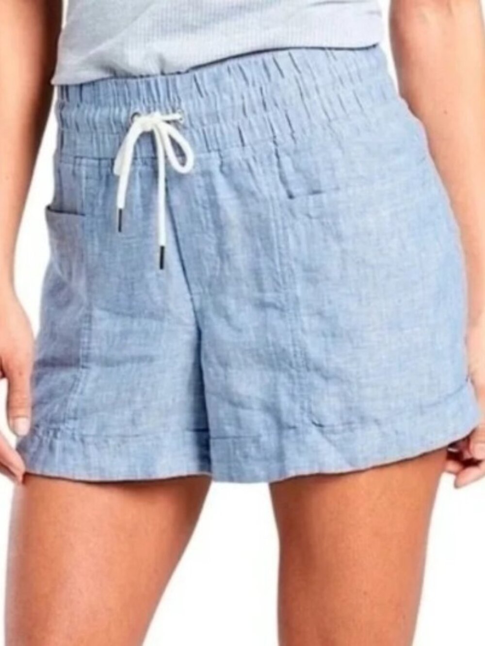 Athleta Cabo Linen 4" Short Drawstring Closure Chambray Blue Women's size 8